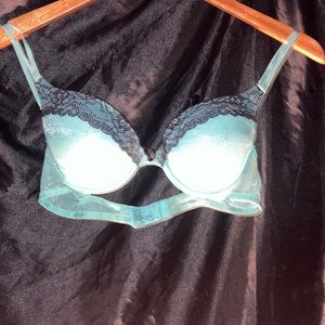 34 B Blue Bra w/ Black Lace Detail